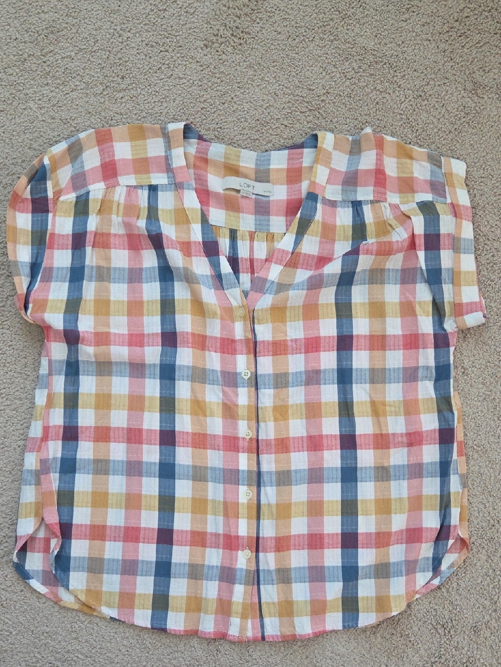 LOFT Coral, Mustard & Navy Plaid Button-Front Top